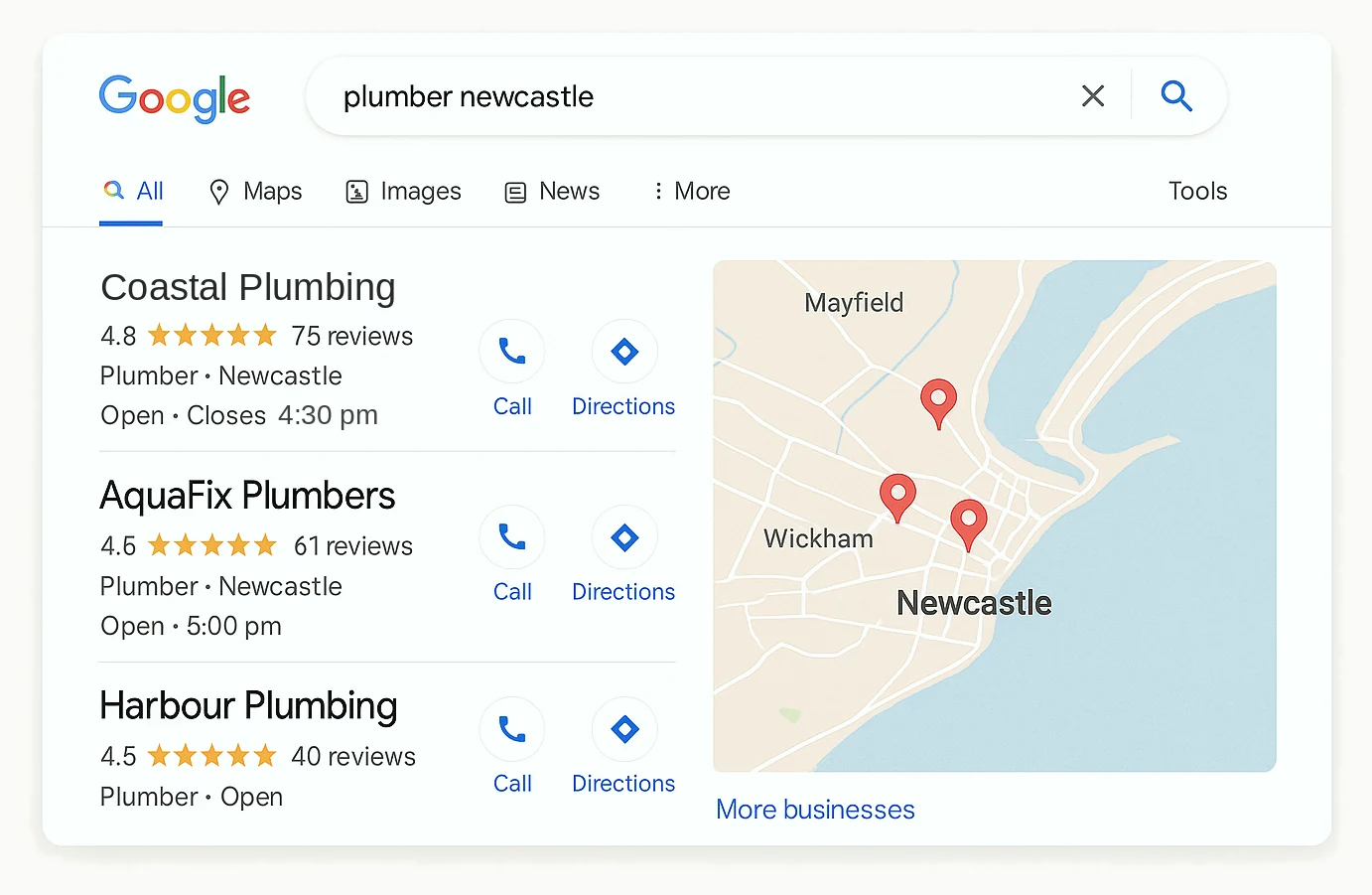 A Newcastle search on a phone, with three local businesses on the map above the ordinary results