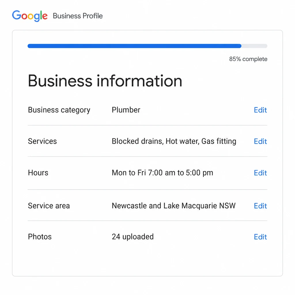 The Google Business Profile information screen showing category, services, hours, service area and photos filled in, with a completeness bar