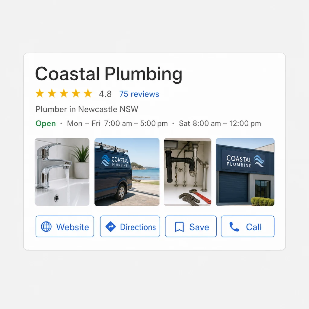 A Google Business Profile panel showing the business name, star rating, category, hours, photos and the call and directions buttons