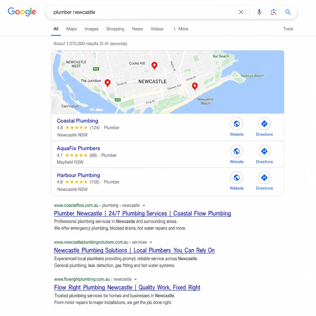 A Google results page for plumber newcastle with the map pack of three businesses above the ordinary blue link results