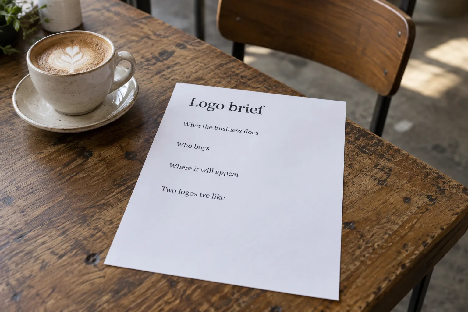 A printed logo brief on a cafe table listing four questions, a concept document