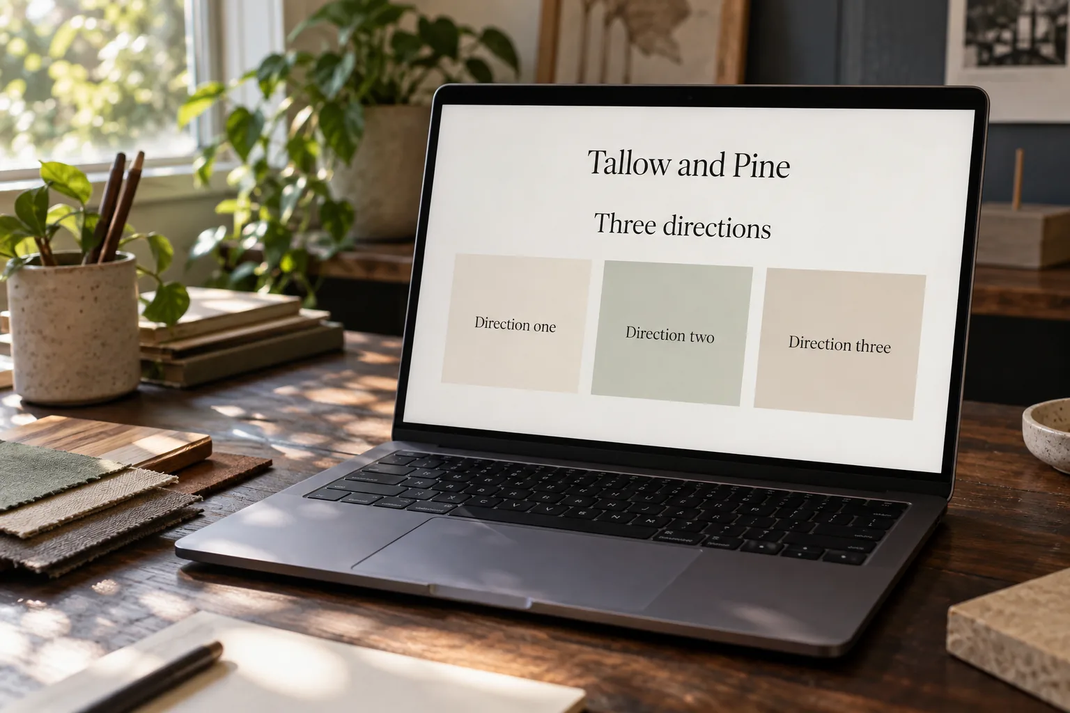 A laptop on a studio desk showing three Tallow and Pine logo directions concept