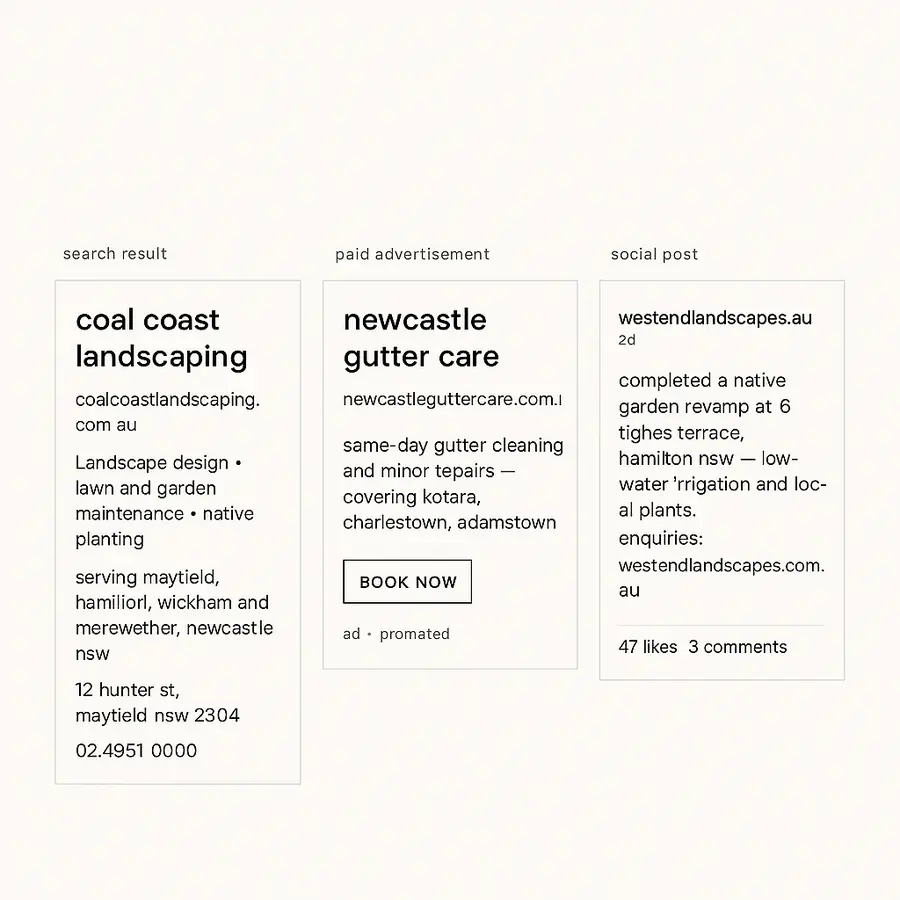 A website, a Google listing and a set of ads shown side by side as parts of the same job