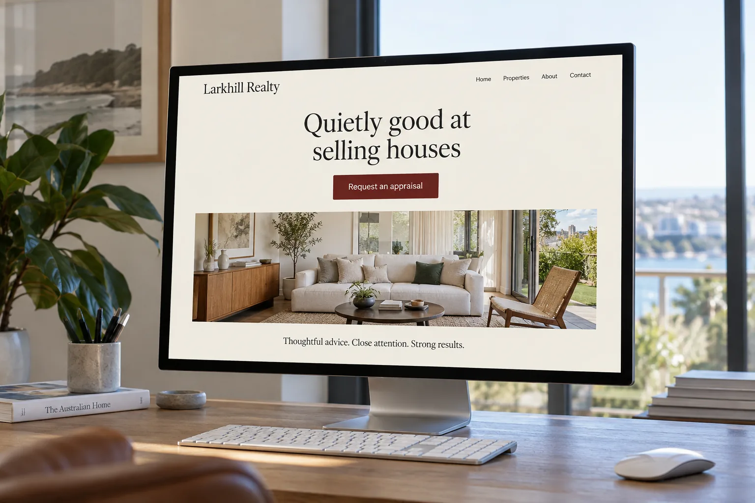 An estate agency website concept shown on a desktop monitor
