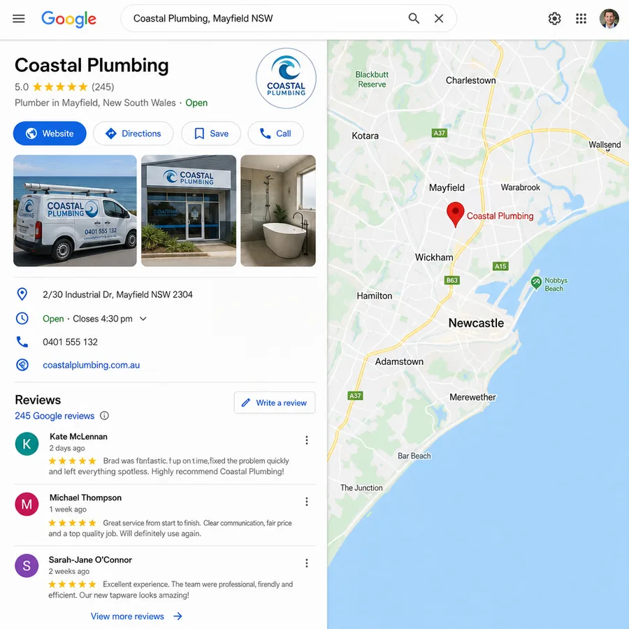 A Google reviews panel showing a star rating and recent five star reviews