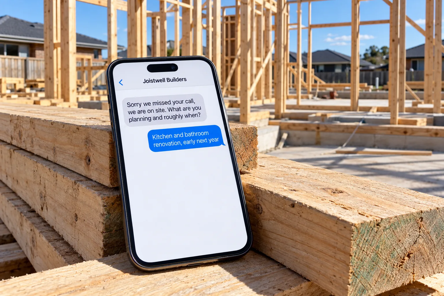 A phone on a timber stack showing a Joistwell Builders missed-call text conversation concept