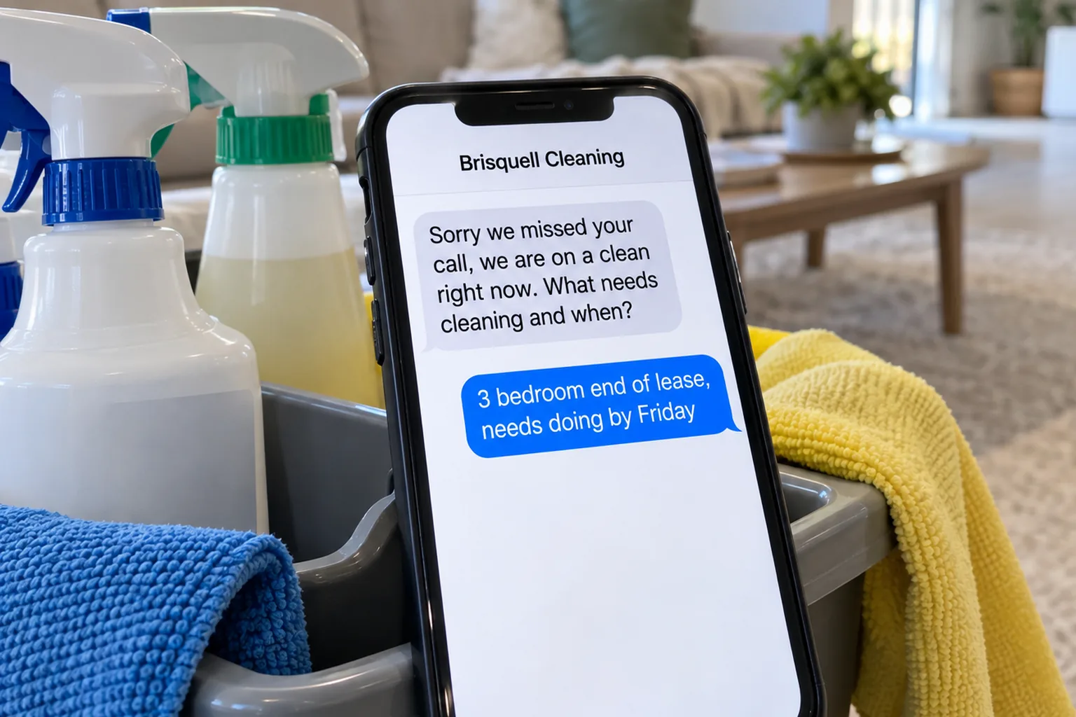 A phone on a cleaning caddy showing a Brisquell Cleaning missed-call text conversation concept