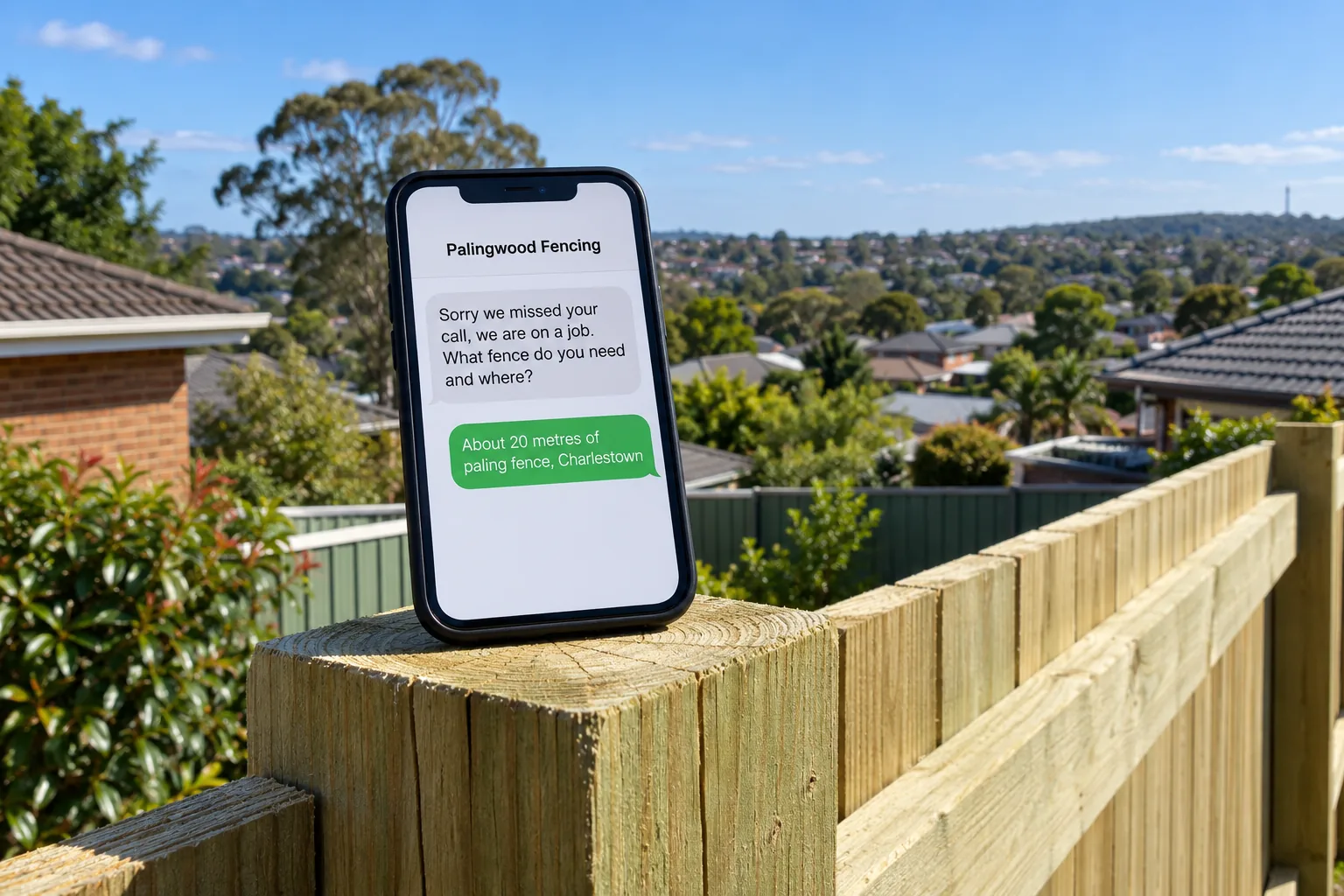A phone on a fence post showing a Palingwood Fencing missed-call text conversation concept