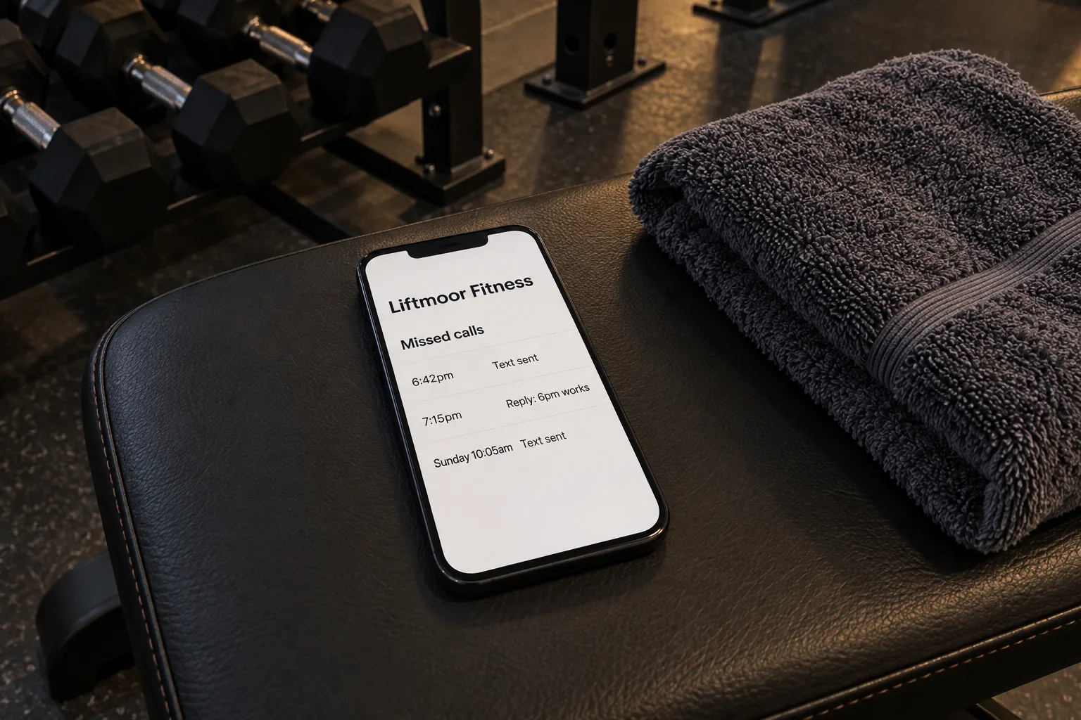 A phone showing a Liftmoor Fitness missed calls list with texts sent concept
