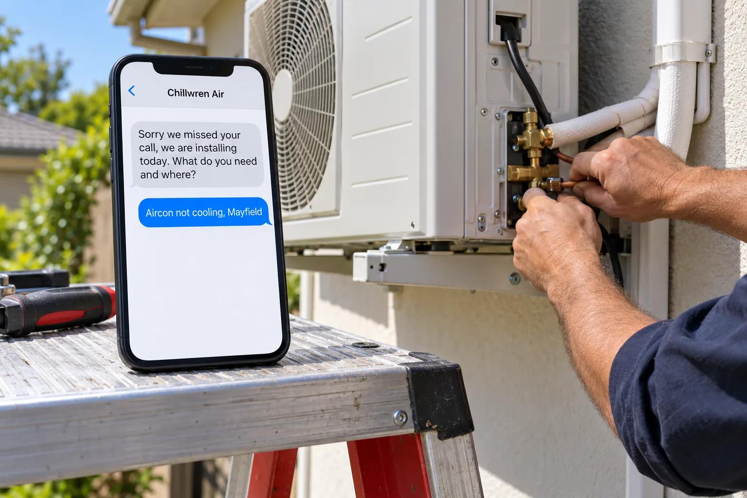 A phone beside an air conditioner install showing a Chillwren Air missed-call text conversation concept