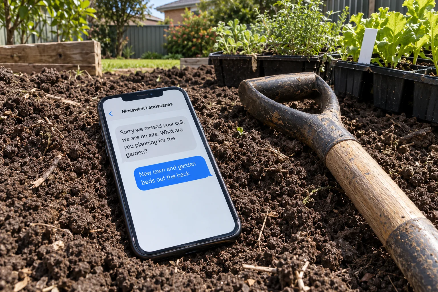 A phone in a garden bed showing a Mosswick Landscapes missed-call text conversation concept