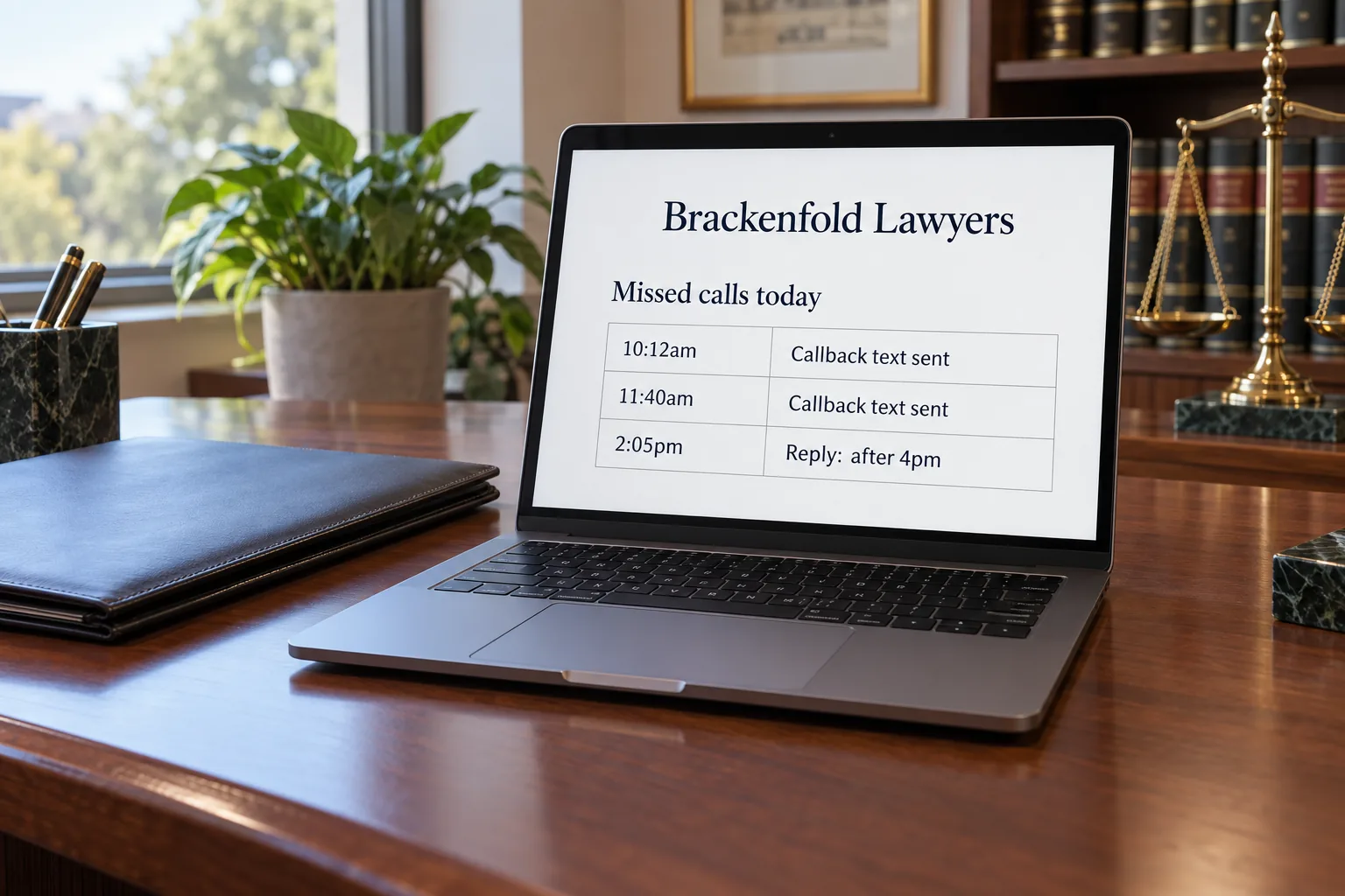 A laptop showing a Brackenfold Lawyers missed calls list with callback texts sent concept