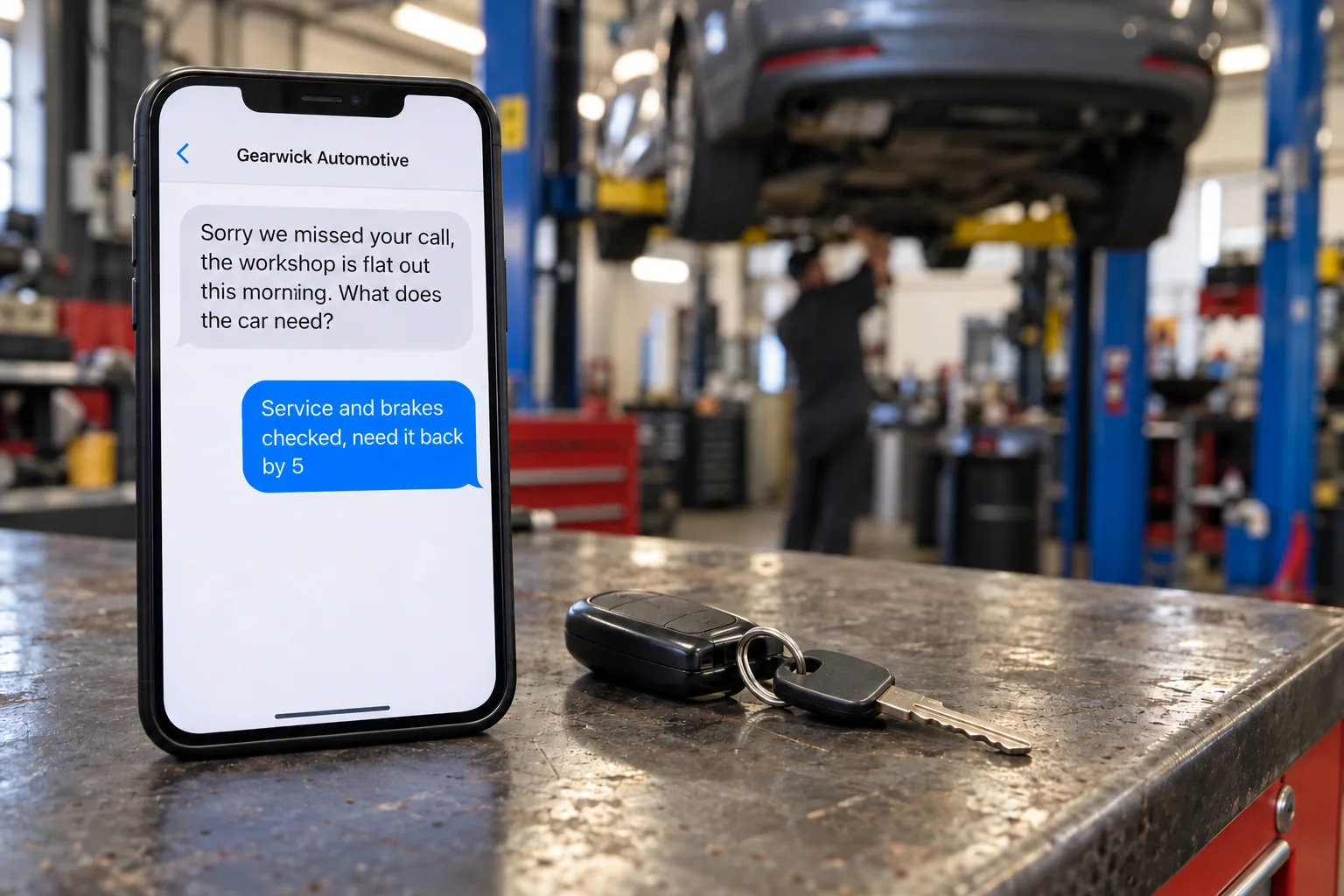A phone on a workshop counter showing a Gearwick Automotive missed-call text conversation concept
