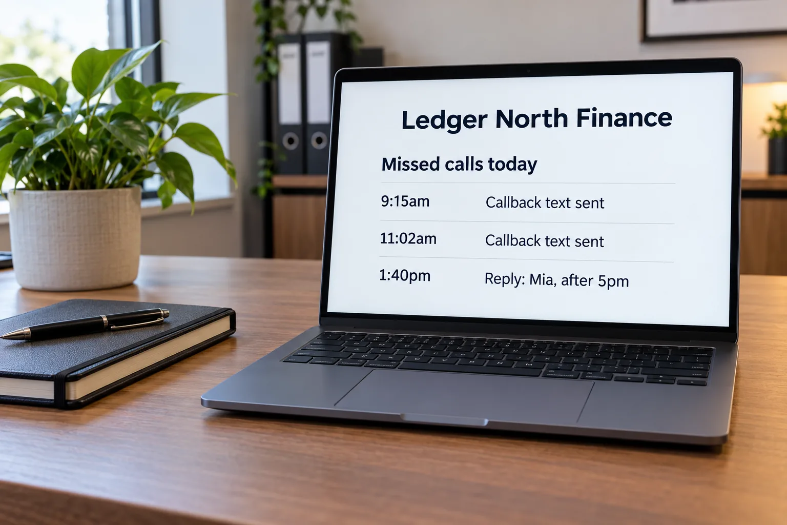 A laptop showing a Ledger North Finance missed calls list with callback texts sent concept