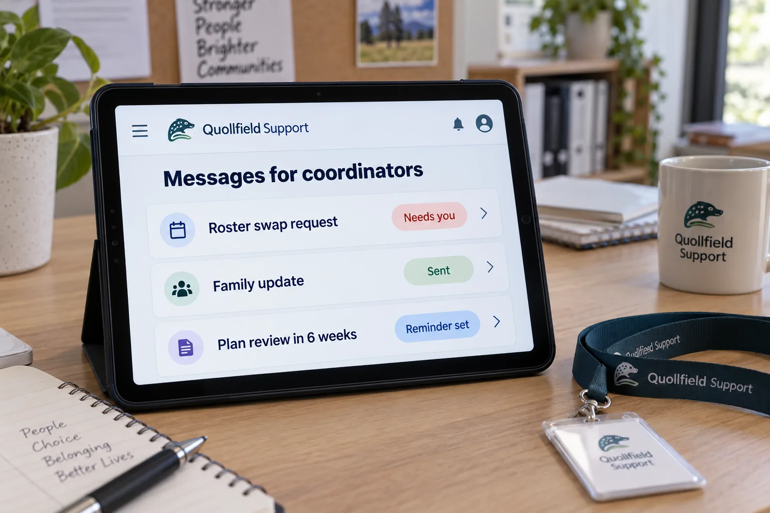 A tablet showing a Quollfield Support messages for coordinators list concept