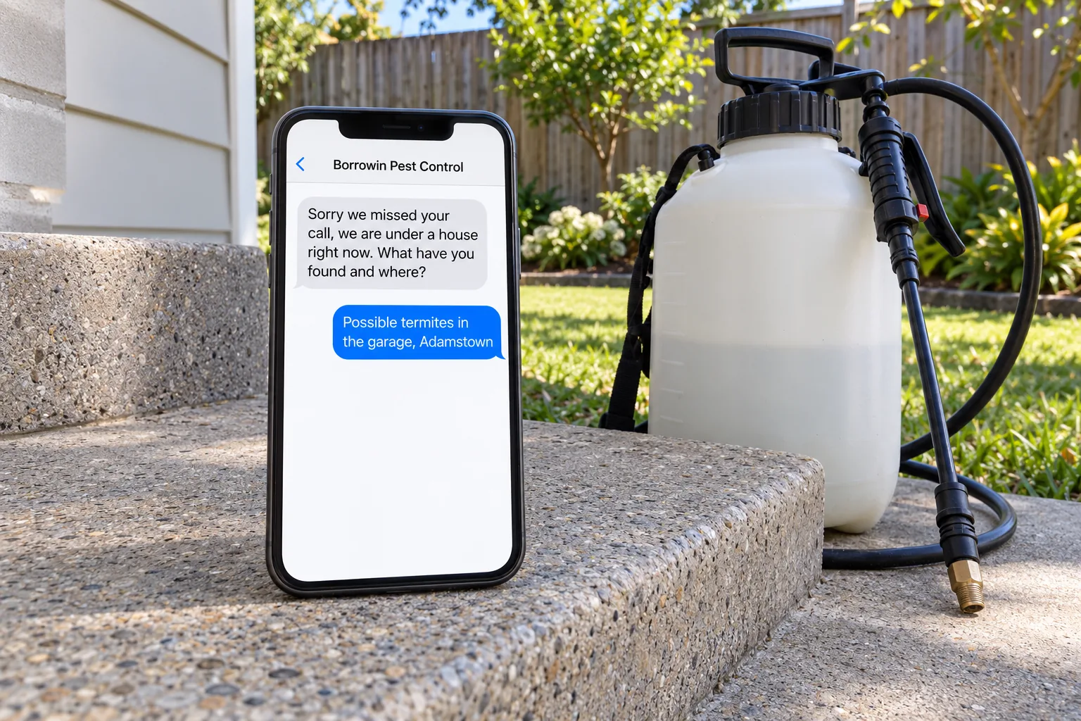 A phone on a house step showing a Borrowin Pest Control missed-call text conversation concept