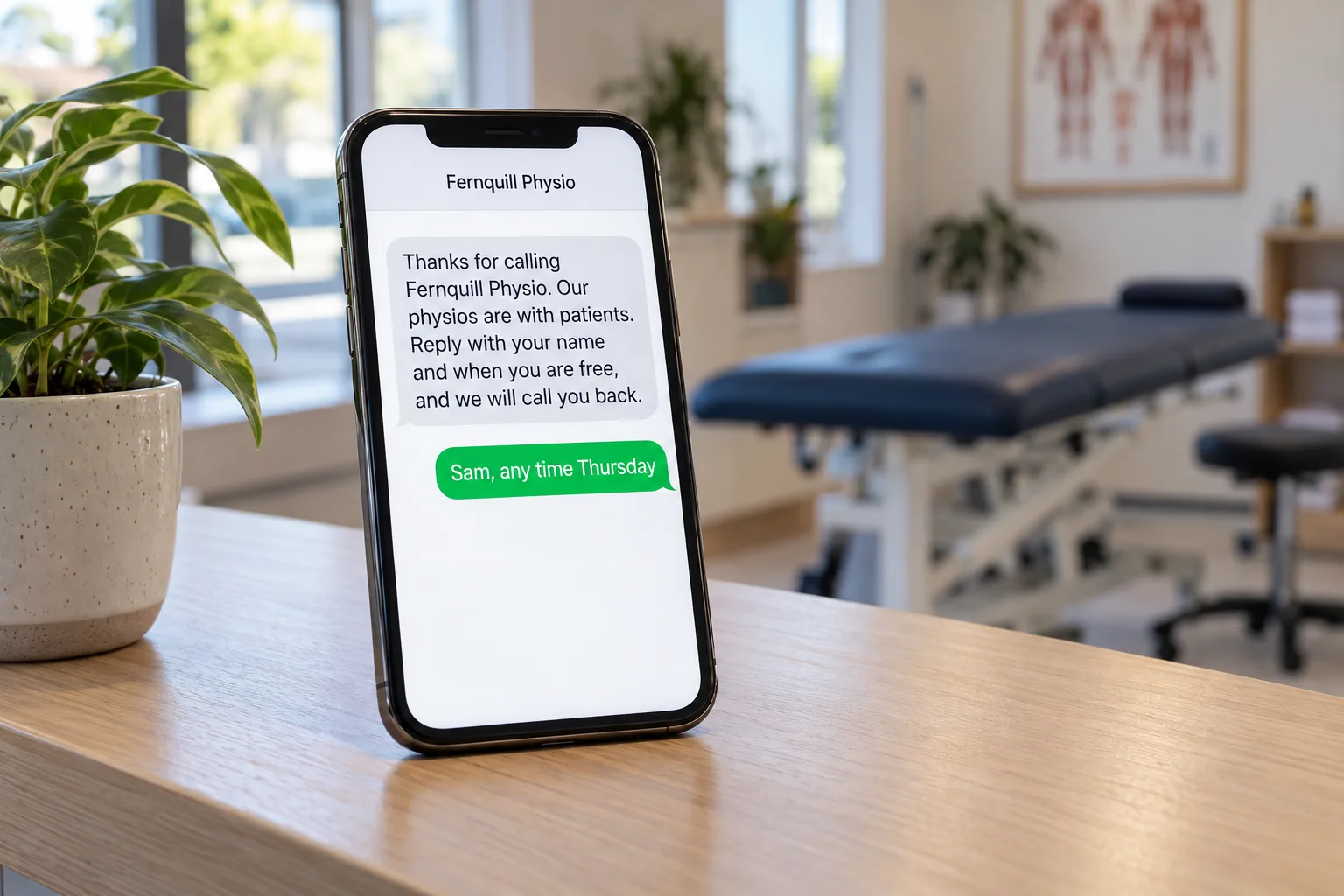 A phone on a clinic counter showing a Fernquill Physio missed-call text conversation concept