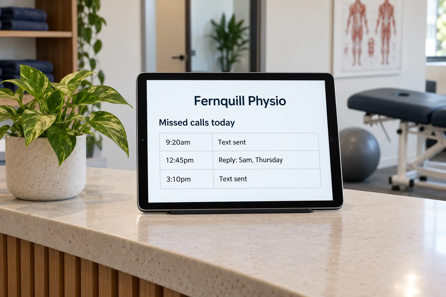 A tablet showing a Fernquill Physio missed calls list with texts sent concept