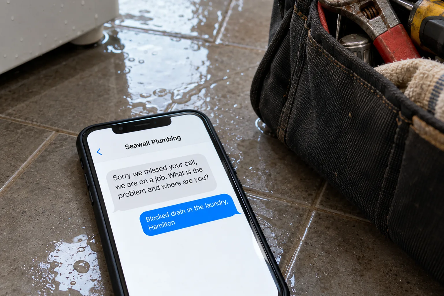 A phone on a laundry floor showing a Seawall Plumbing missed-call text conversation concept