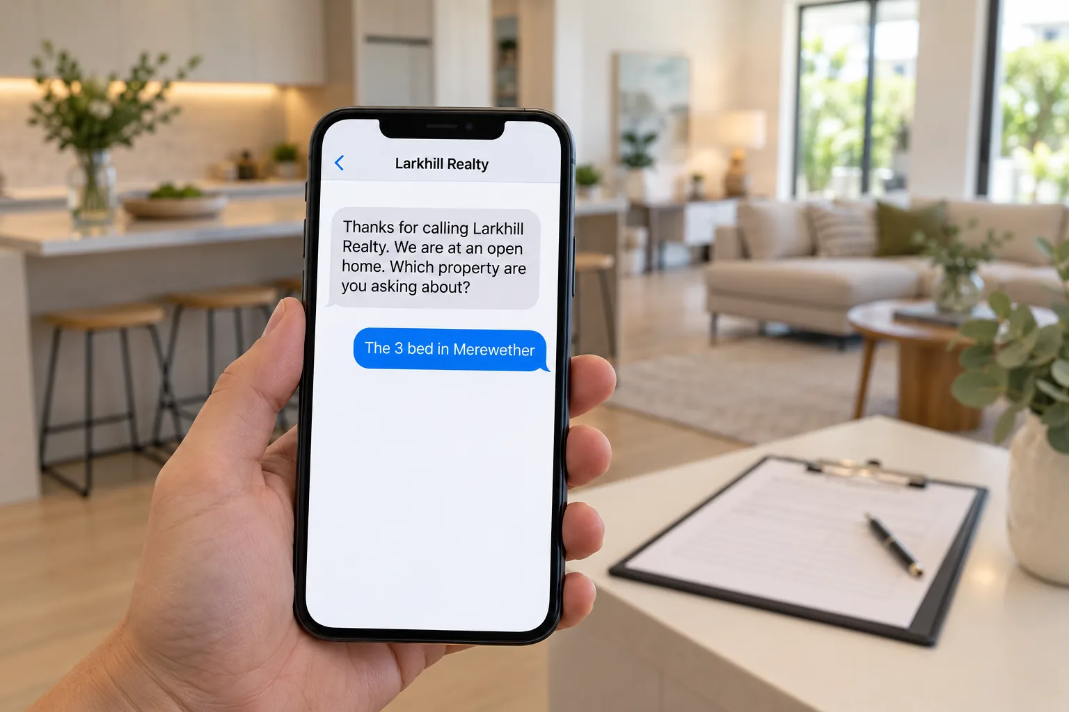 A phone at an open home showing a Larkhill Realty missed-call text conversation concept