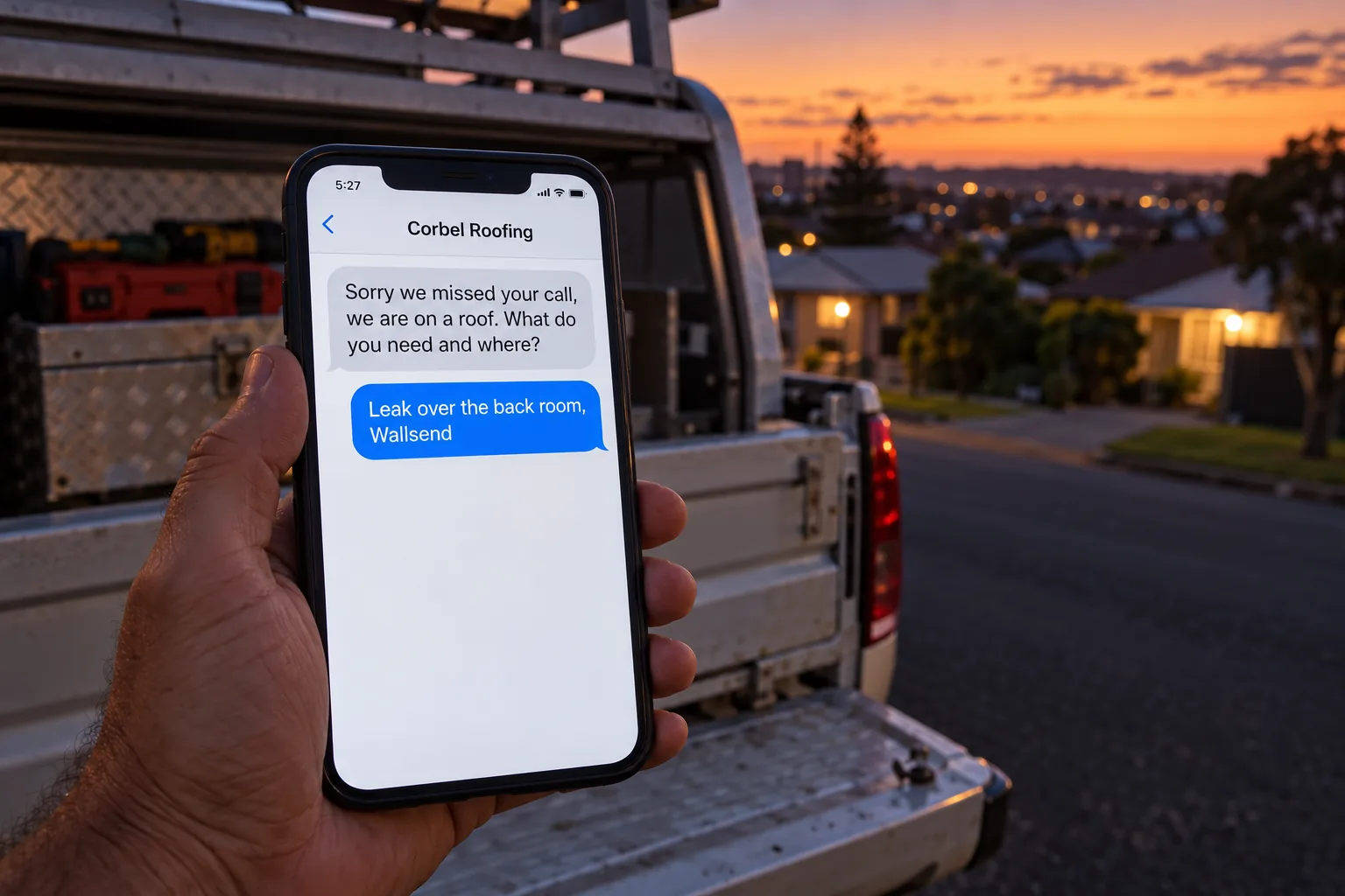 A phone beside a work ute showing a Corbel Roofing missed-call text conversation concept