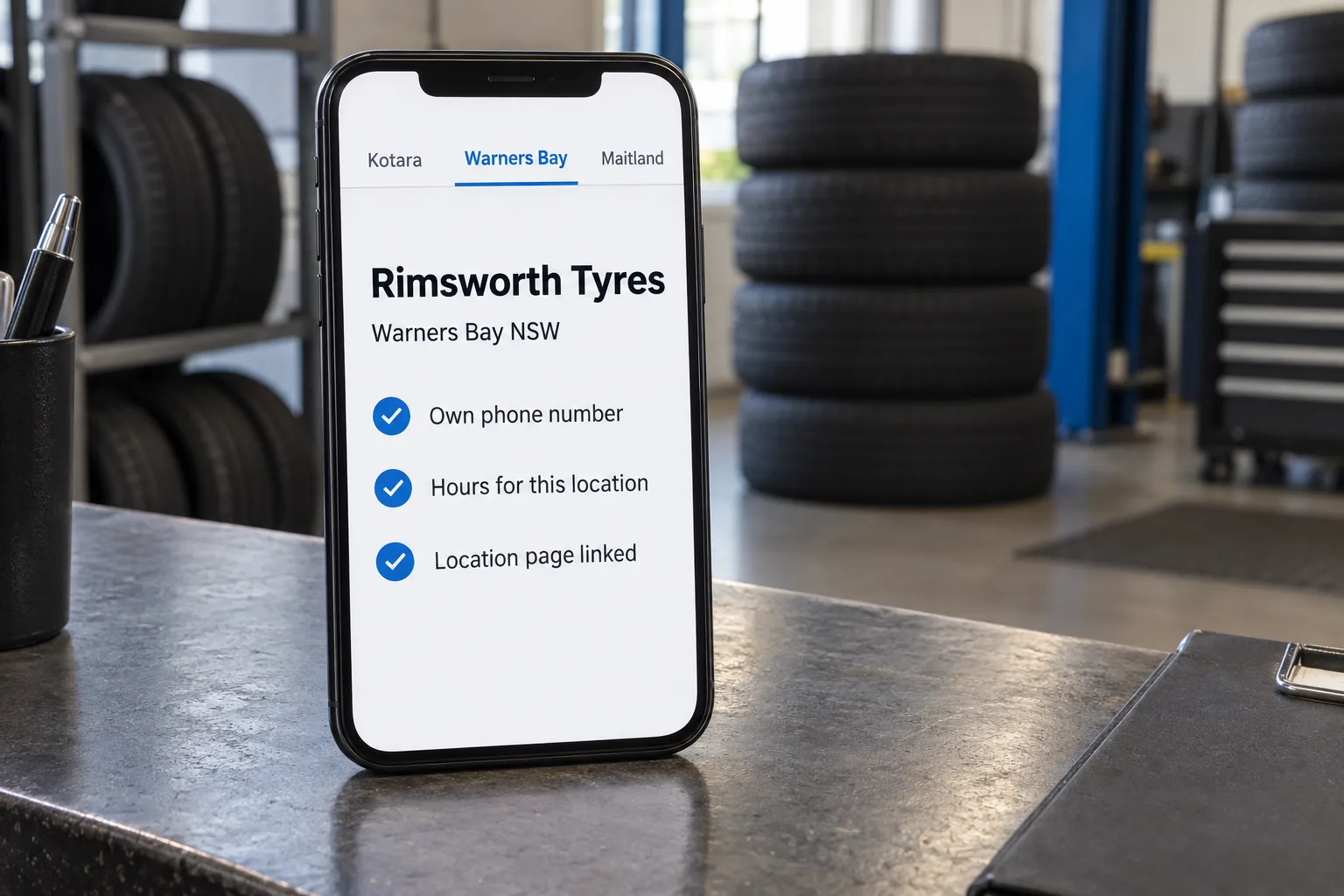 A phone showing a Rimsworth Tyres location profile concept