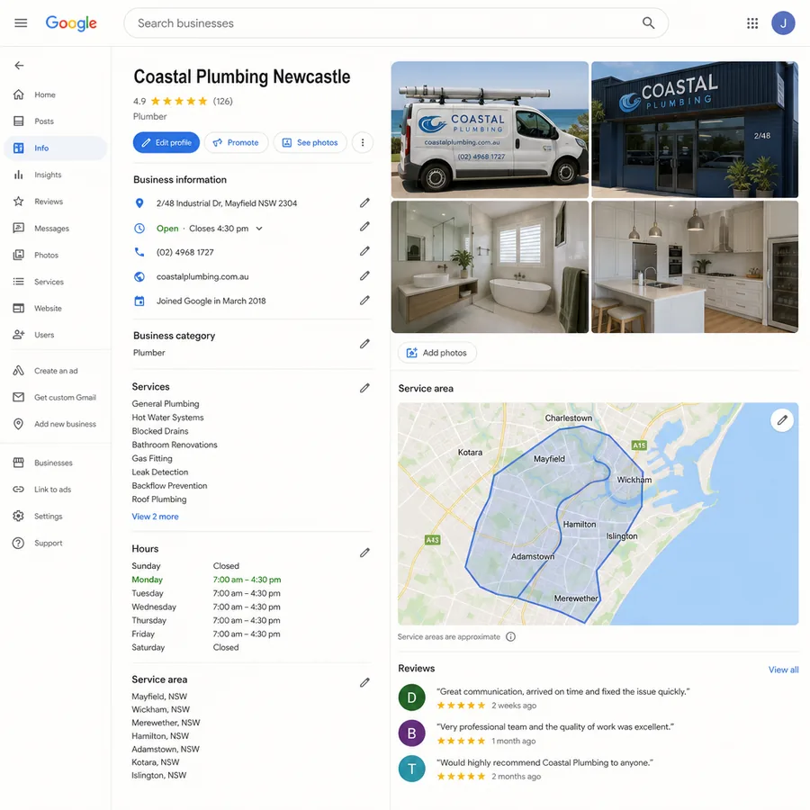 The Google Business Profile information screen with the category, the service list, the hours and the service area all filled in