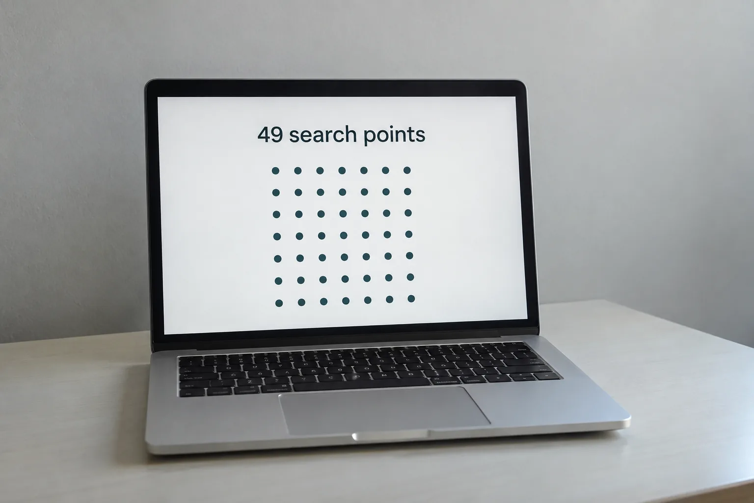 A laptop showing a seven by seven grid of 49 search points, a concept design