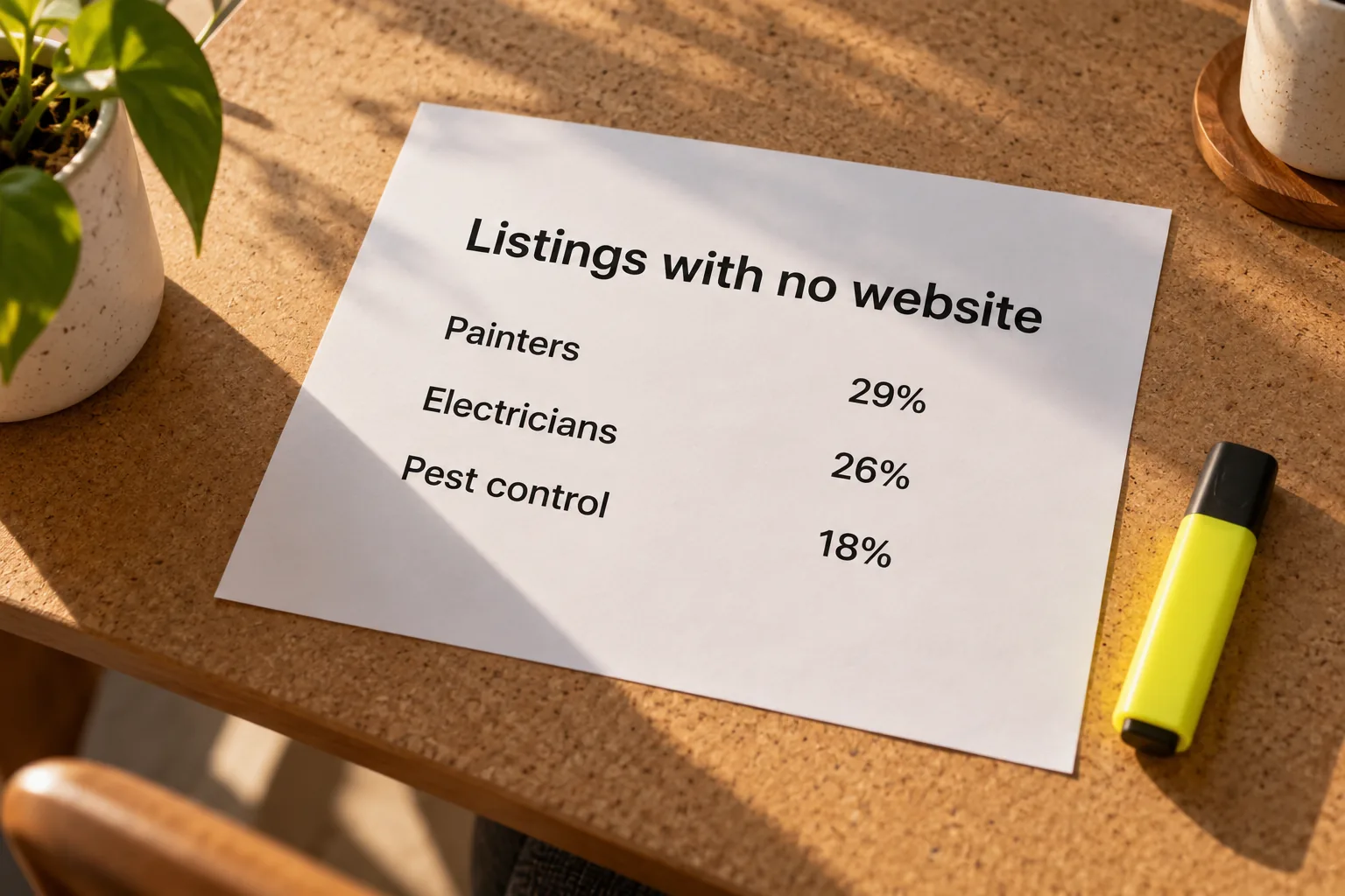 A printed sheet listing the share of listings with no website for painters, electricians and pest control, a concept document
