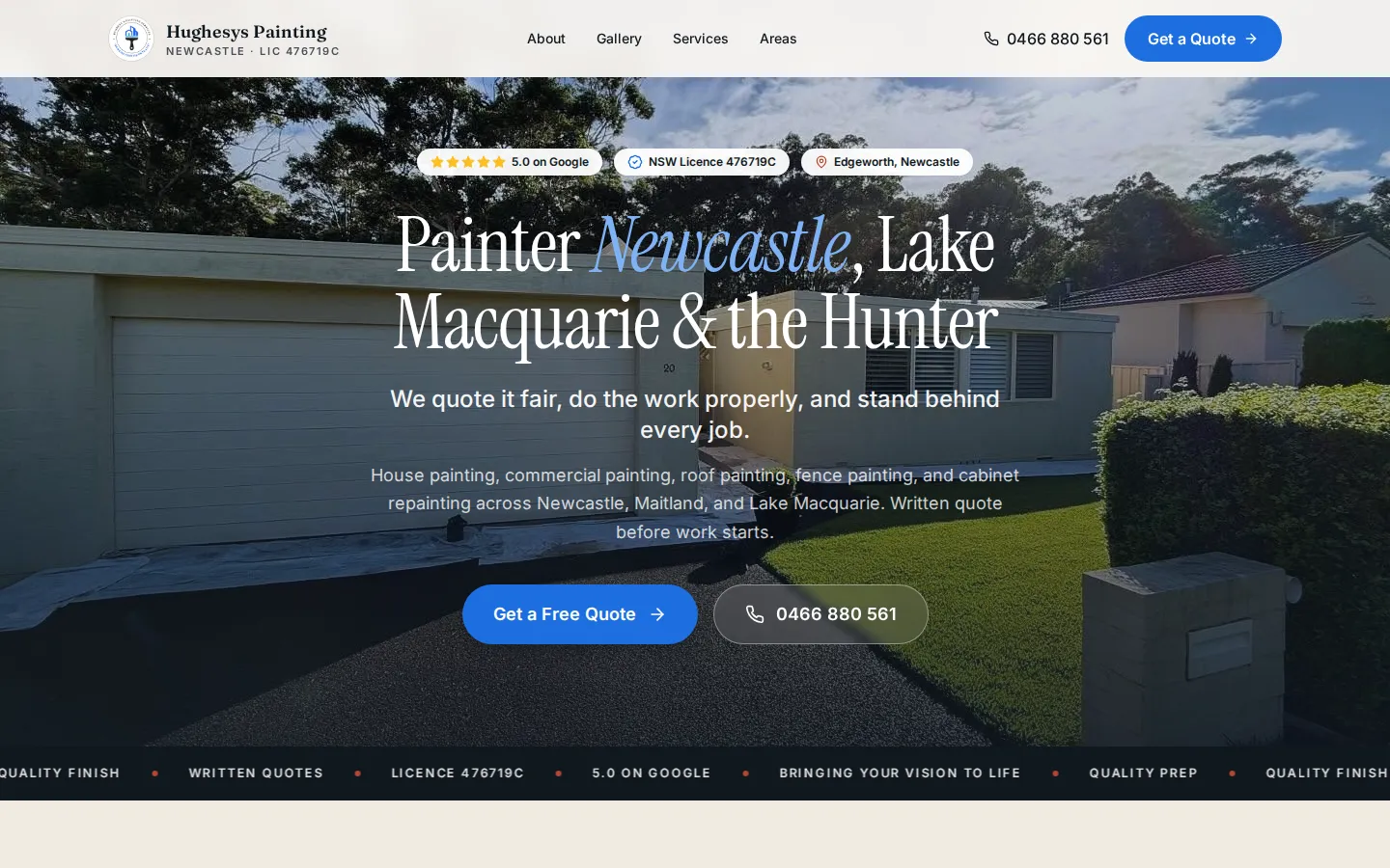 The Hughesys Painting homepage on a desktop screen: Painter Newcastle, Lake Macquarie and the Hunter, with quote and phone buttons