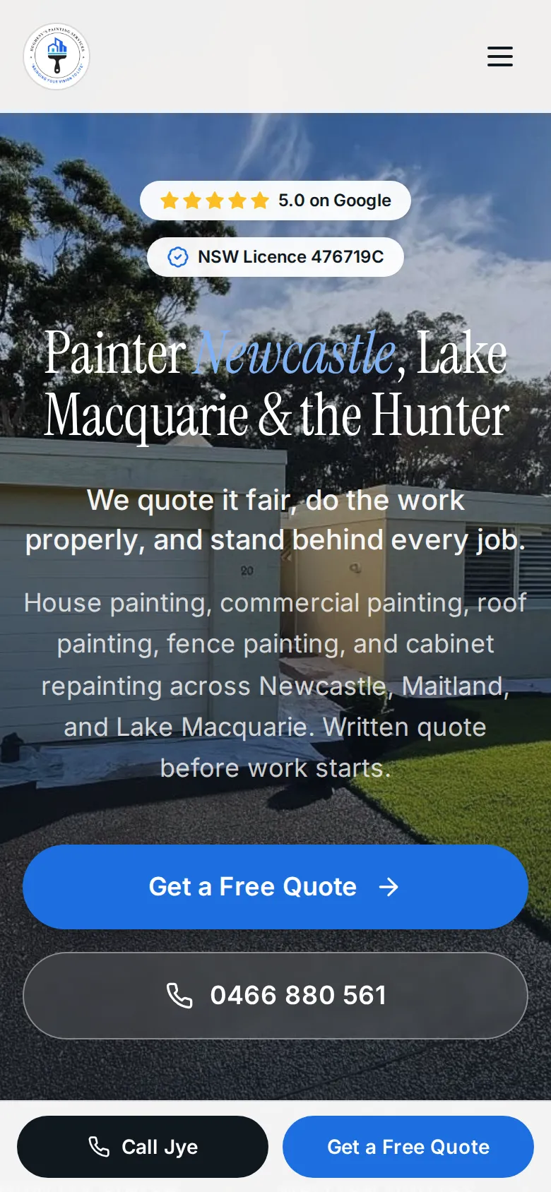 The Hughesys Painting homepage on a phone