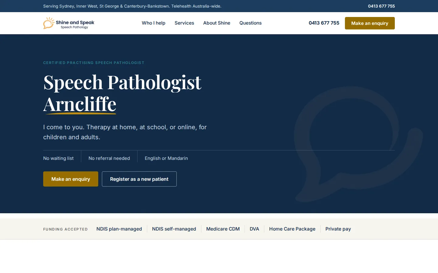 The Shine and Speak homepage on a desktop screen: Speech Pathologist Arncliffe, with enquiry and new patient buttons and the funding options accepted