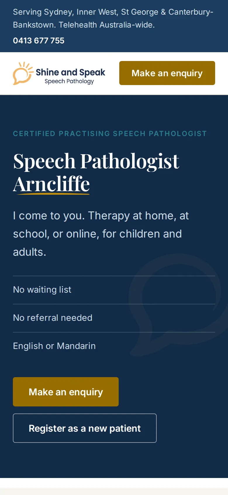 The Shine and Speak homepage on a phone