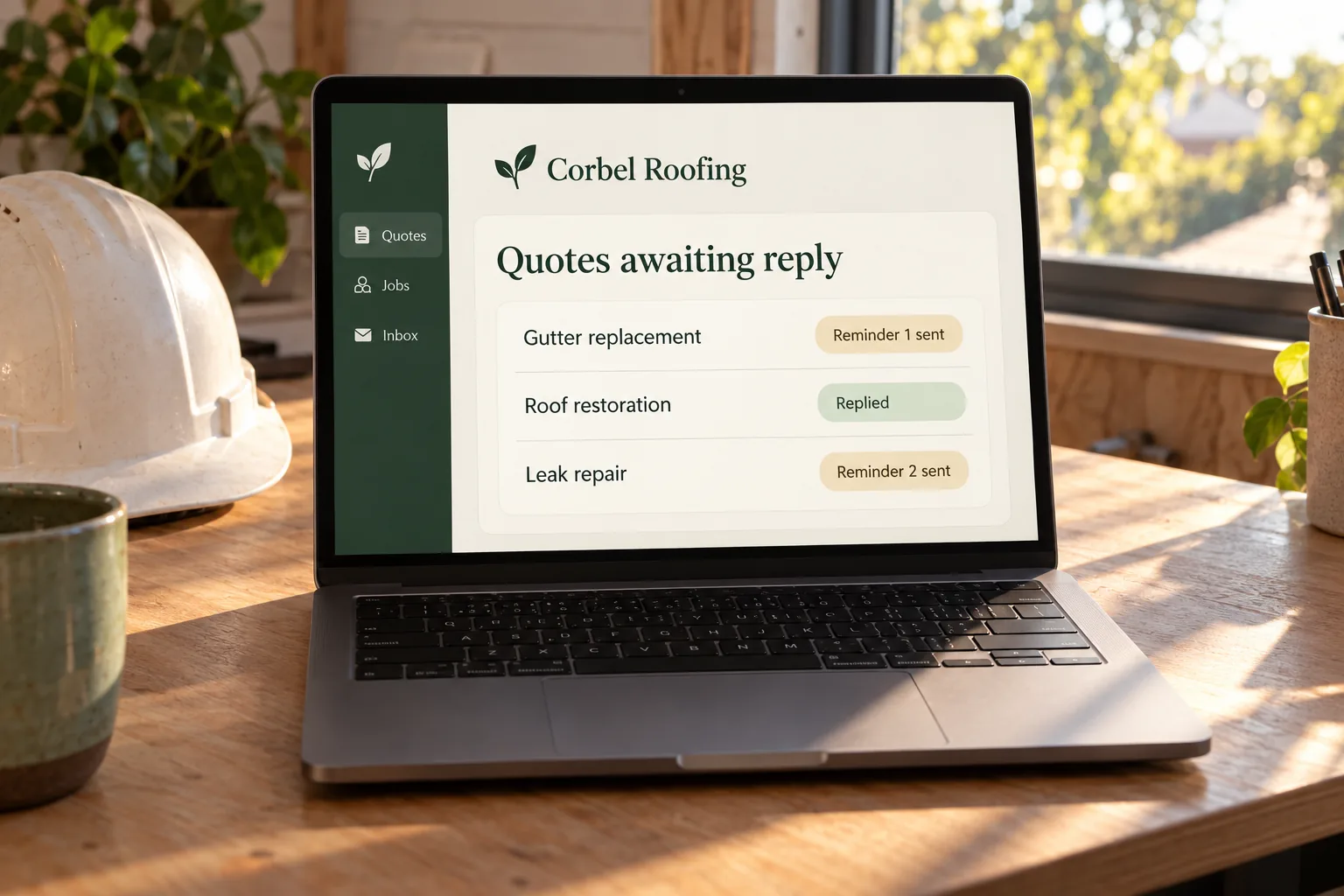 A laptop showing a Corbel Roofing quotes awaiting reply list concept