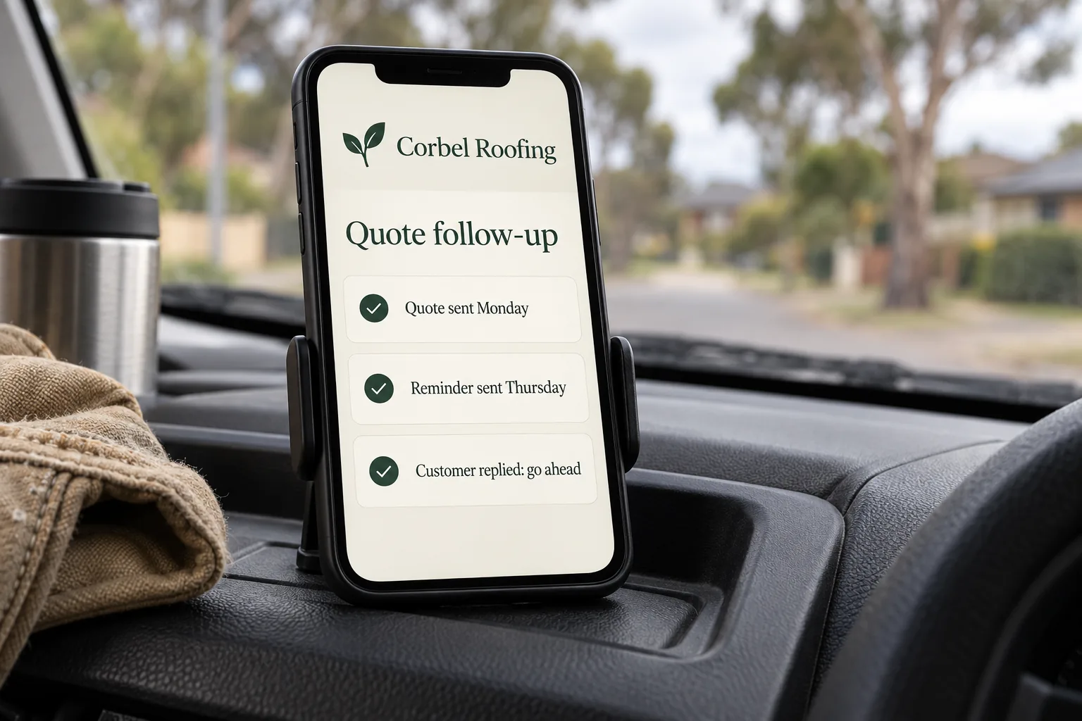 A phone on a van dashboard showing a Corbel Roofing quote follow-up concept