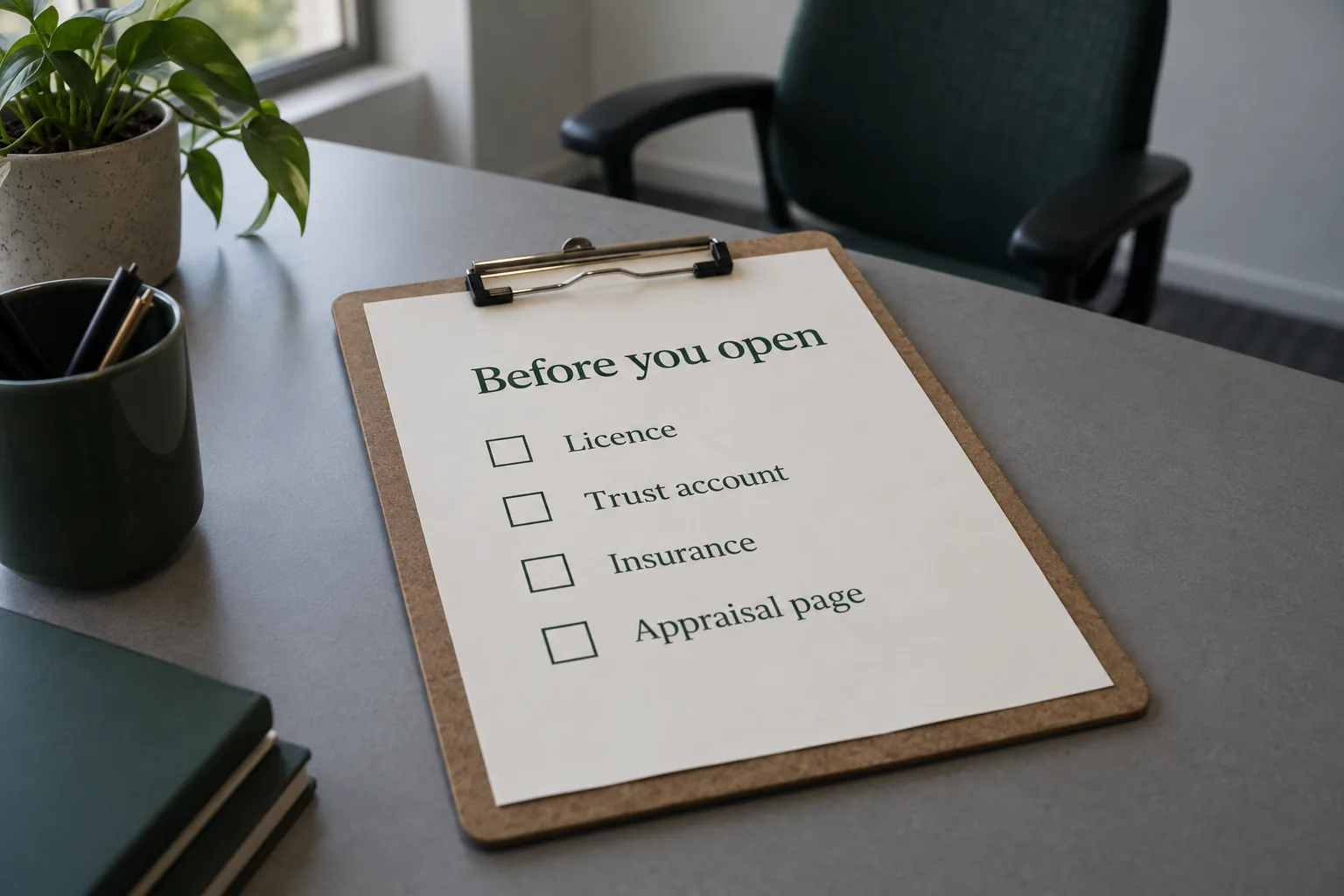 A printed checklist headed Before you open listing licence, trust account, insurance and appraisal page, a concept document