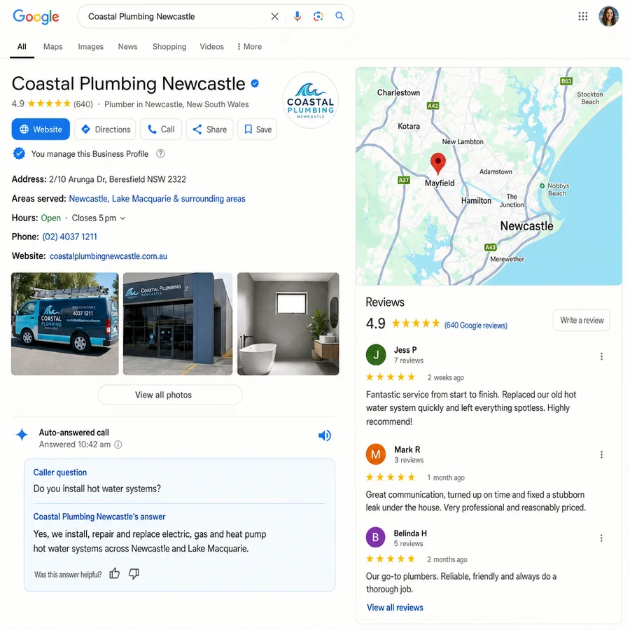 A search for a business name showing the listing with its rating on the right and the website and social accounts below