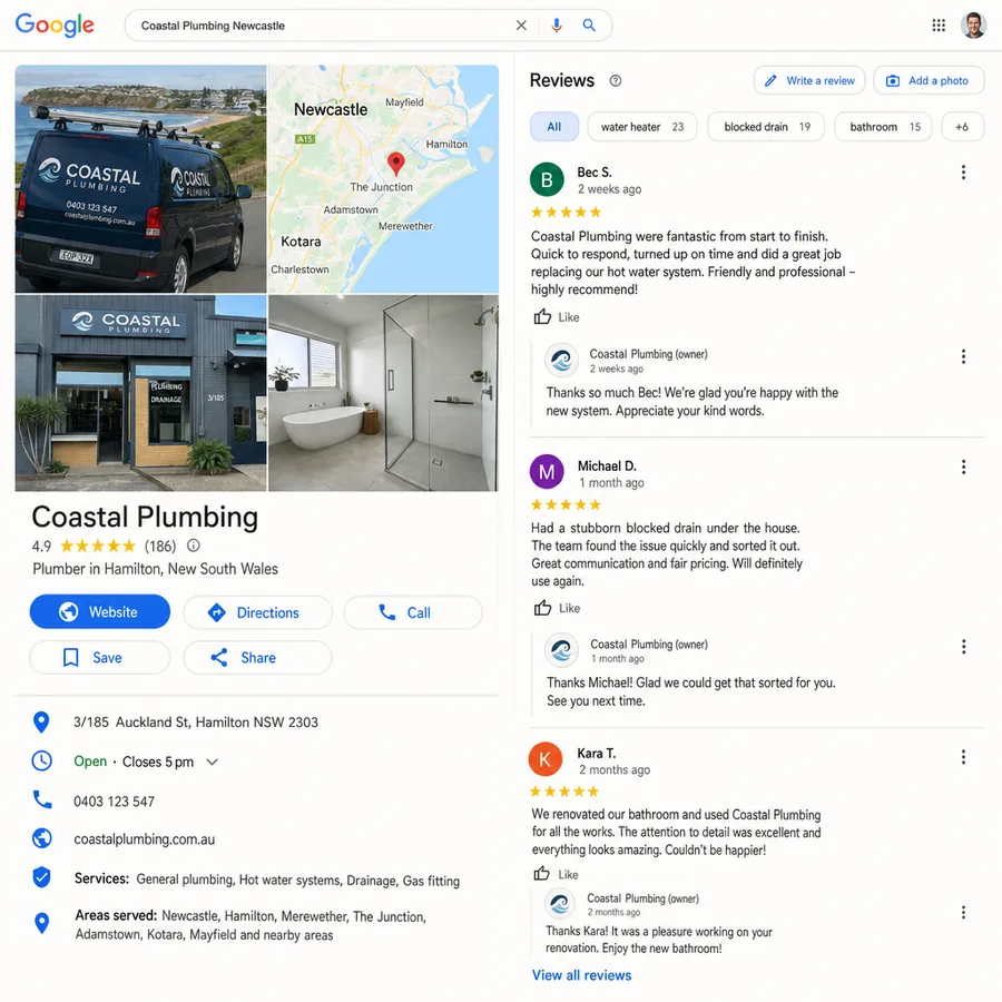 A Google listing for a business showing its rating, its recent reviews and the owner's replies underneath them