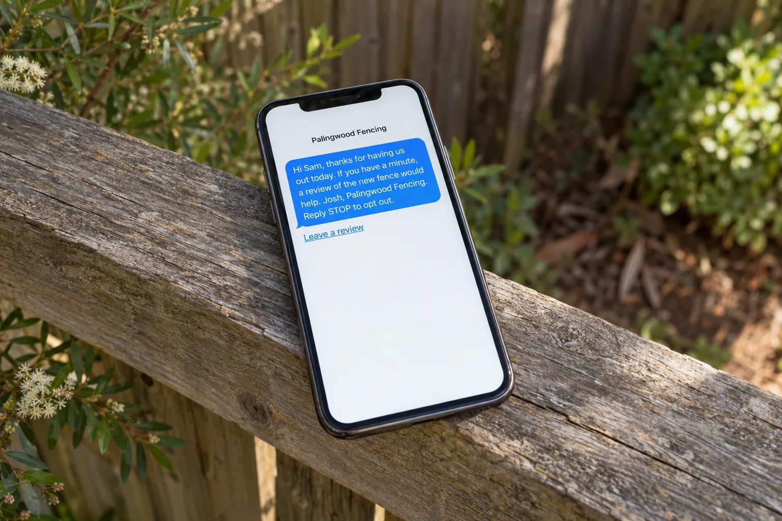 A phone on a fence rail showing a Palingwood Fencing review request text message signed by Josh concept