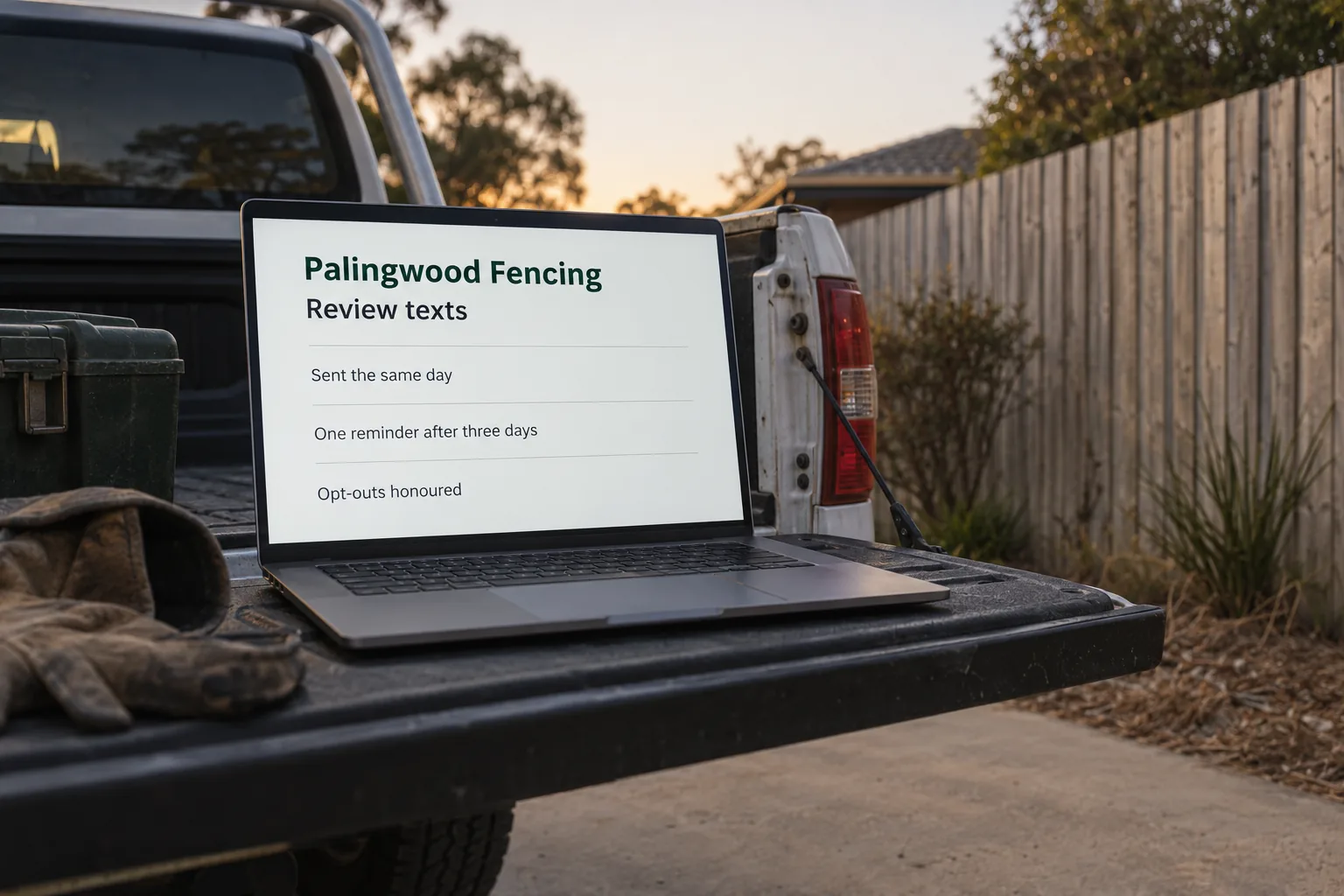 A laptop on a ute tailgate showing a Palingwood Fencing review text settings screen concept
