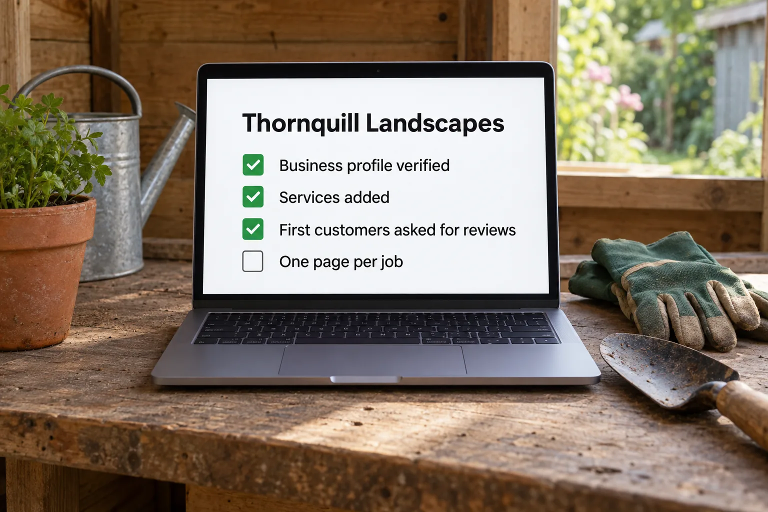 A laptop showing a Thornquill Landscapes setup checklist concept