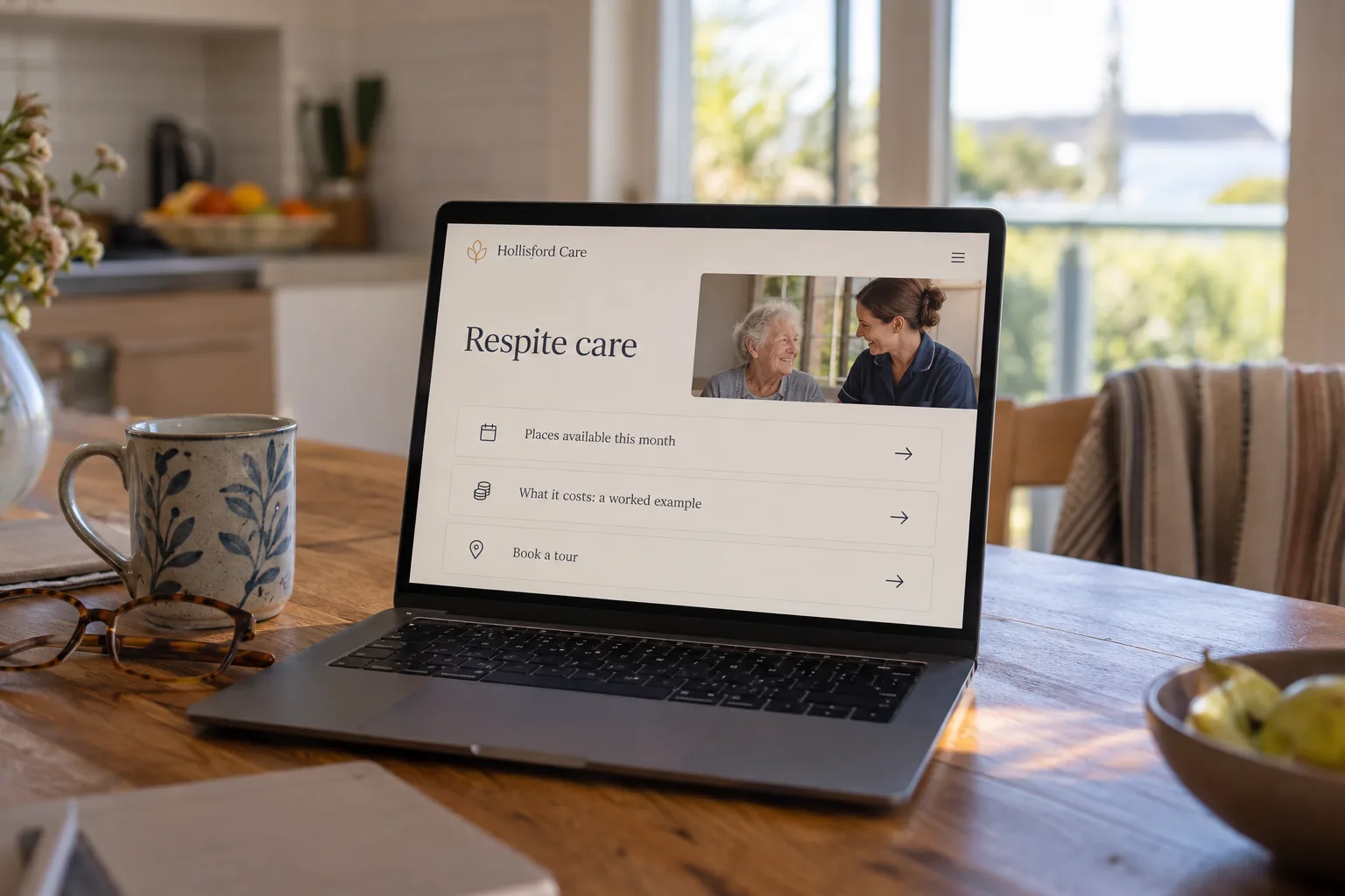 A laptop showing a Hollisford Care respite care page concept