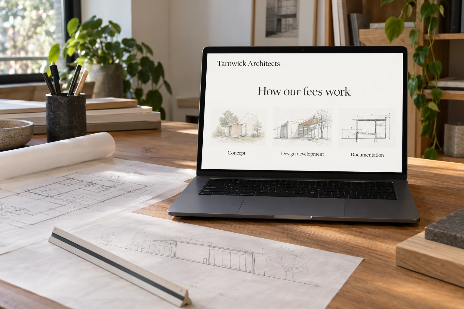 A laptop showing a Tarnwick Architects how our fees work page concept