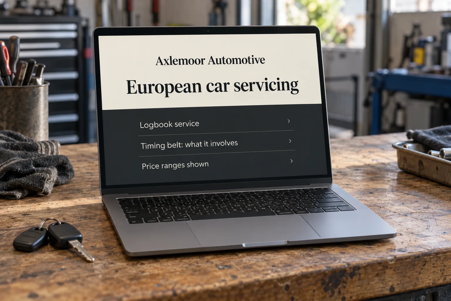 A laptop showing an Axlemoor Automotive European car servicing page concept