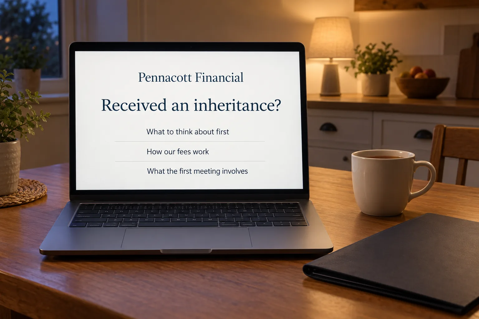 A laptop showing a Pennacott Financial inheritance information page concept
