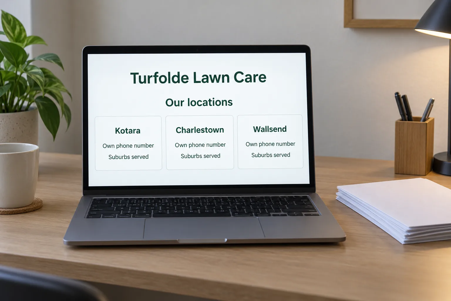 A laptop showing a Turfolde Lawn Care locations page concept