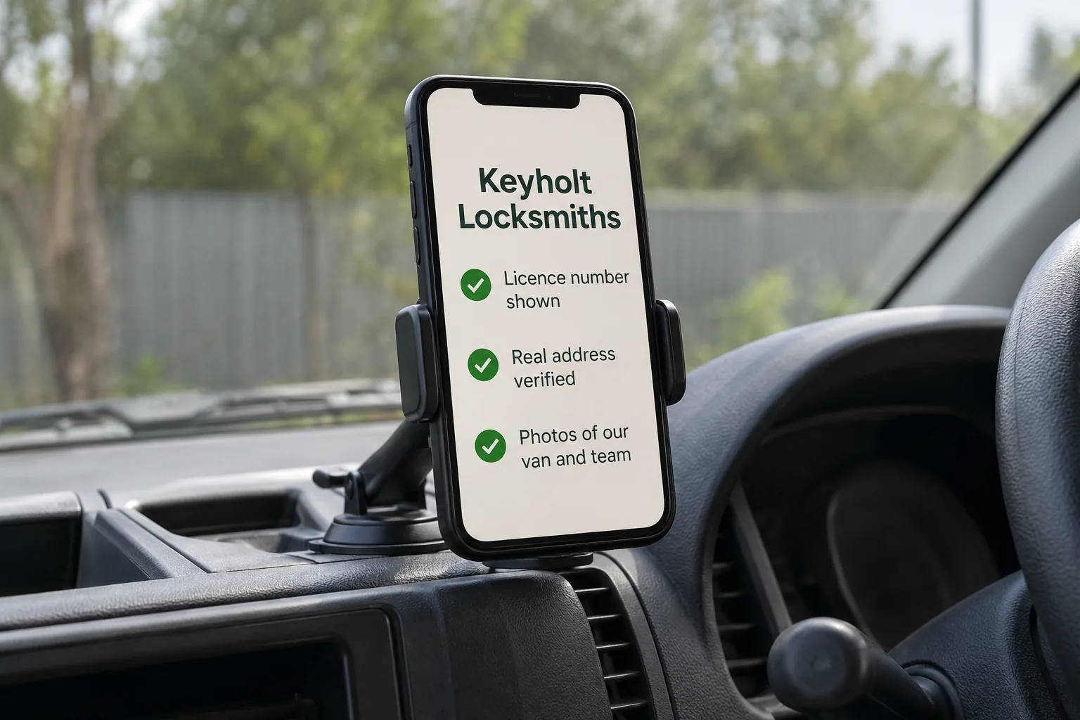 A phone showing a Keyholt Locksmiths business profile concept