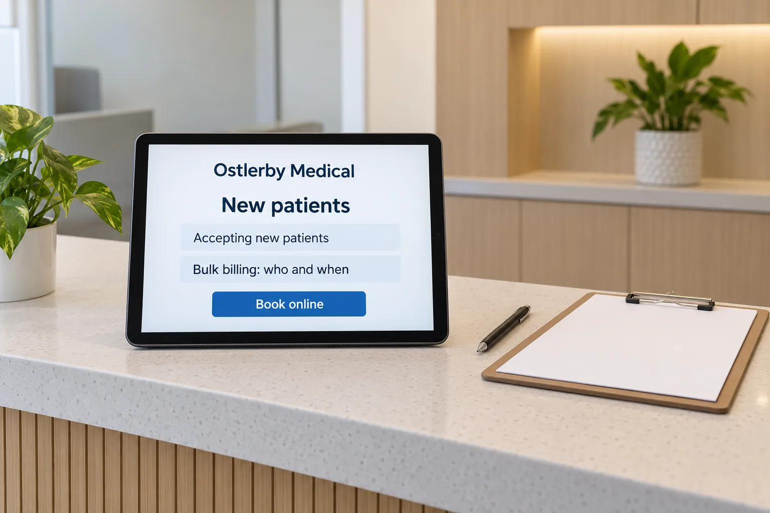 A tablet showing an Ostlerby Medical new patients page concept