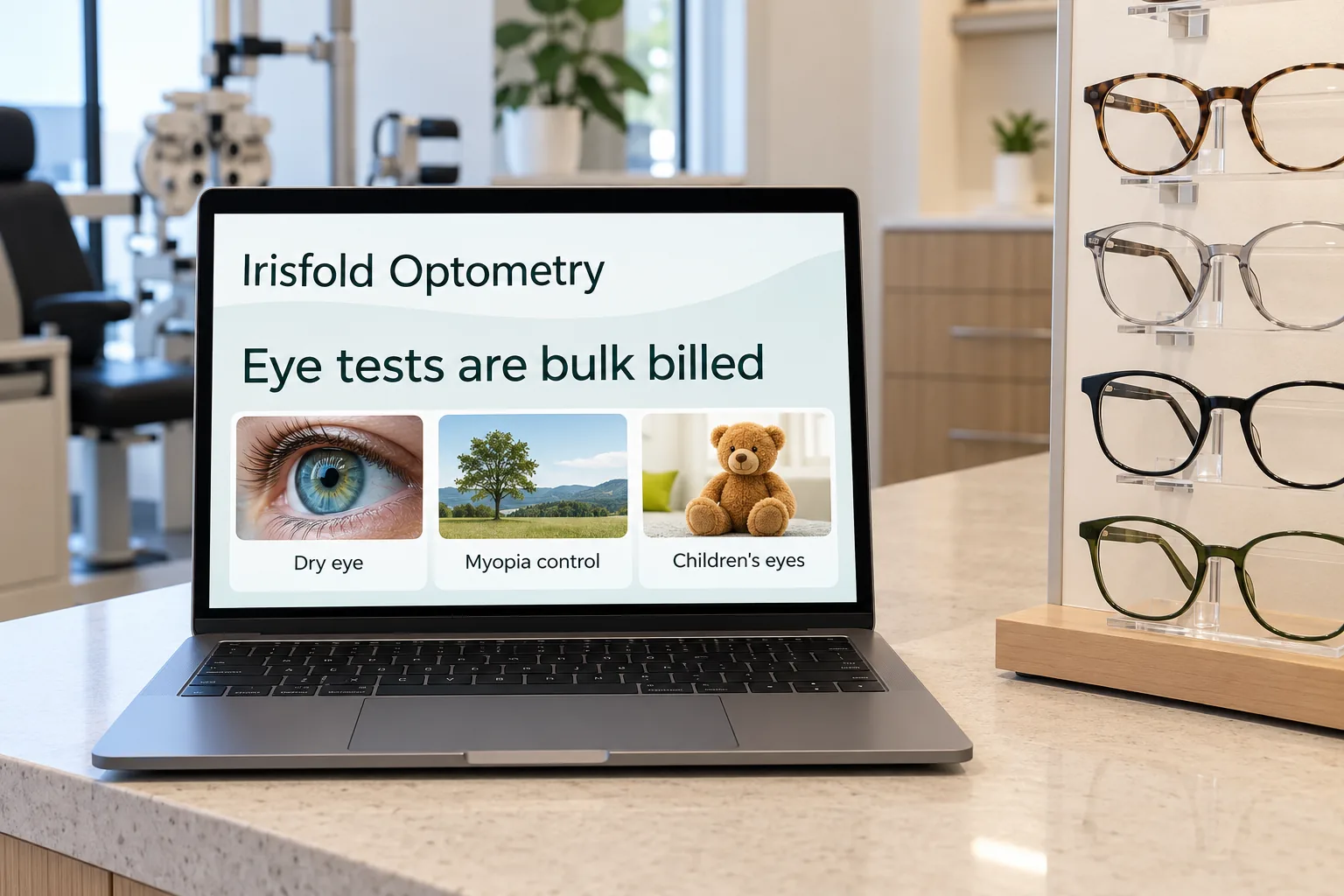 A laptop showing an Irisfold Optometry bulk billed eye tests page concept