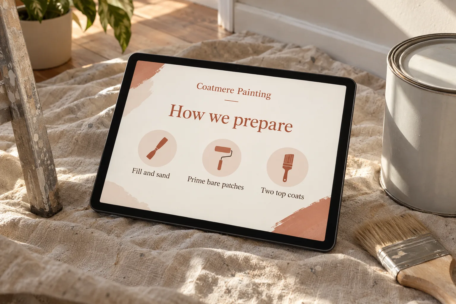 A tablet showing a Coatmere Painting how we prepare page concept